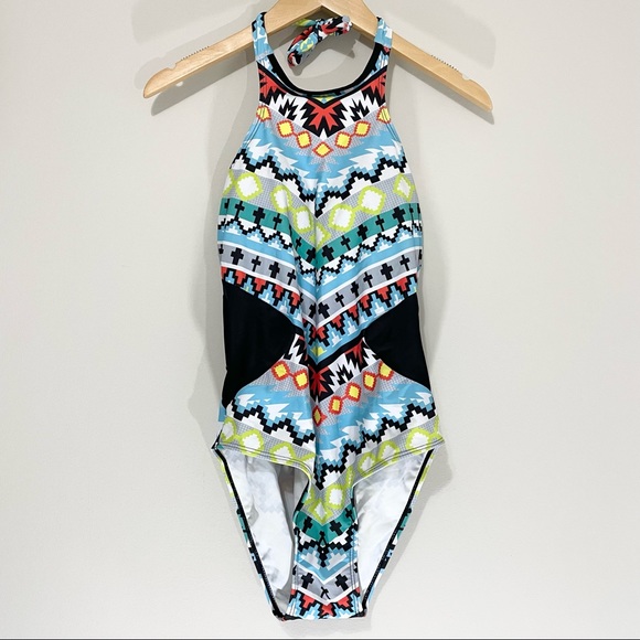 Farysays Retro Boho High Neck Low Cut Back One Piece Swim Suit Size M - Picture 3 of 7